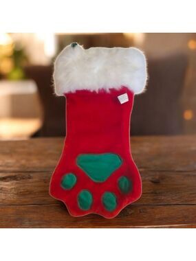Dog Christmas stocking Plush Pet Dog Holiday Red Green Faux Fur Paw Shape